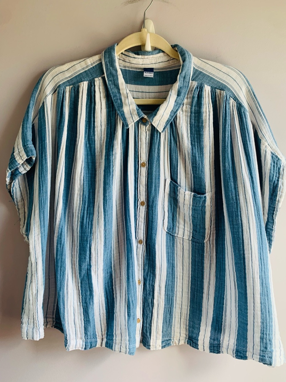 Old Navy Striped Shirt Blue White Cotton Boxy Short Sleeve Casual Summer EUC XL